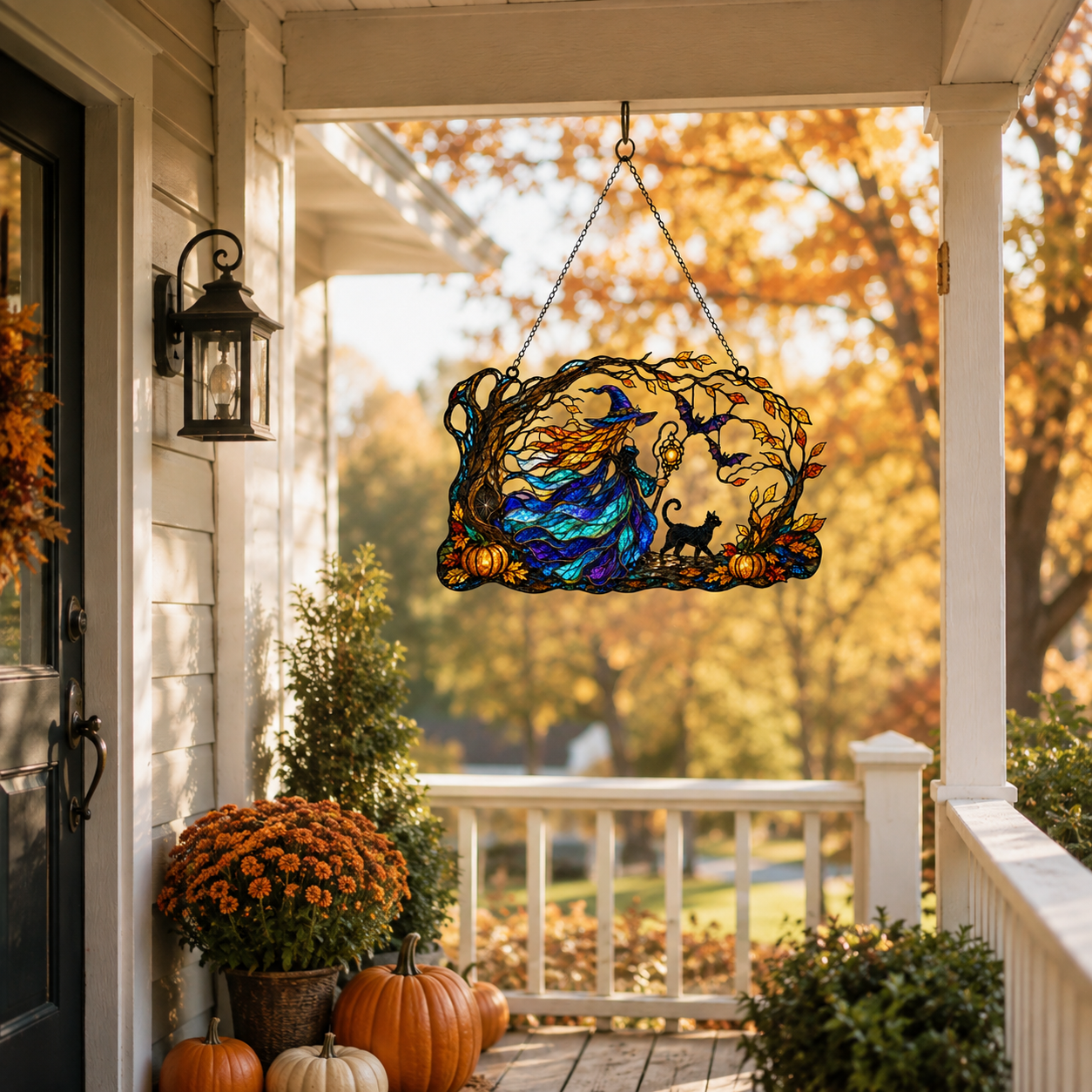 Witch with Flowing Gown & Black Cat Autumn Tree Holographic Acrylic Suncatcher