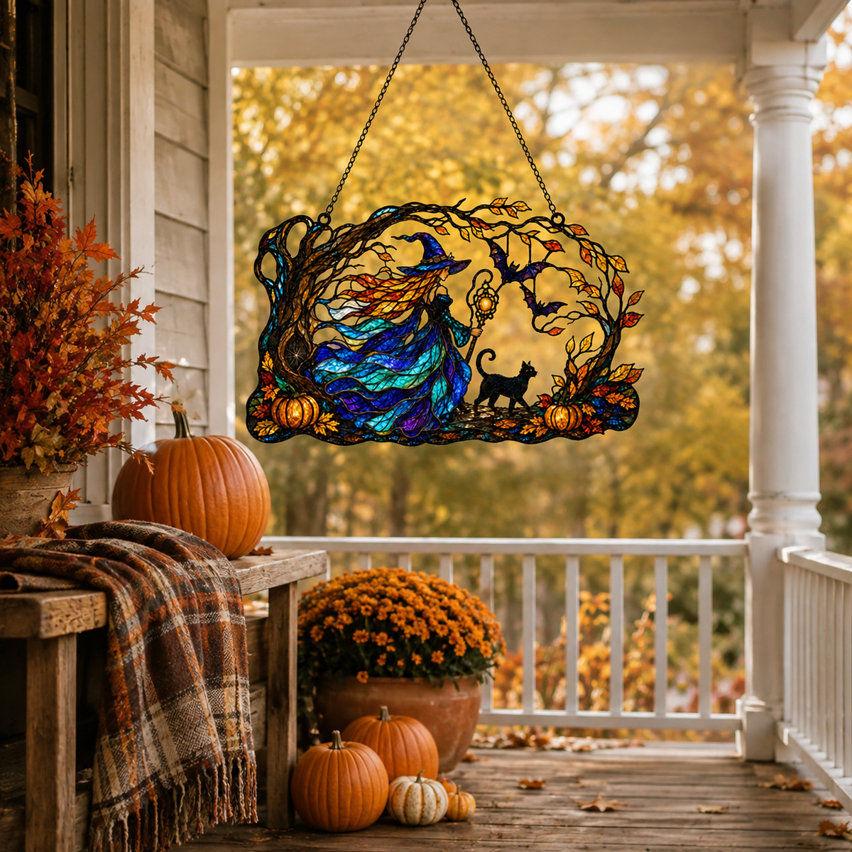 Witch with Flowing Gown & Black Cat Autumn Tree Holographic Acrylic Suncatcher