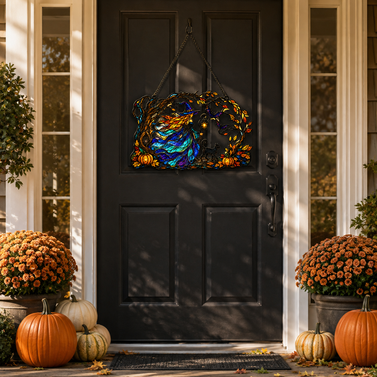 Witch with Flowing Gown & Black Cat Autumn Tree Holographic Acrylic Suncatcher