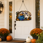 Witch with Flowing Gown & Black Cat Autumn Tree Holographic Acrylic Suncatcher