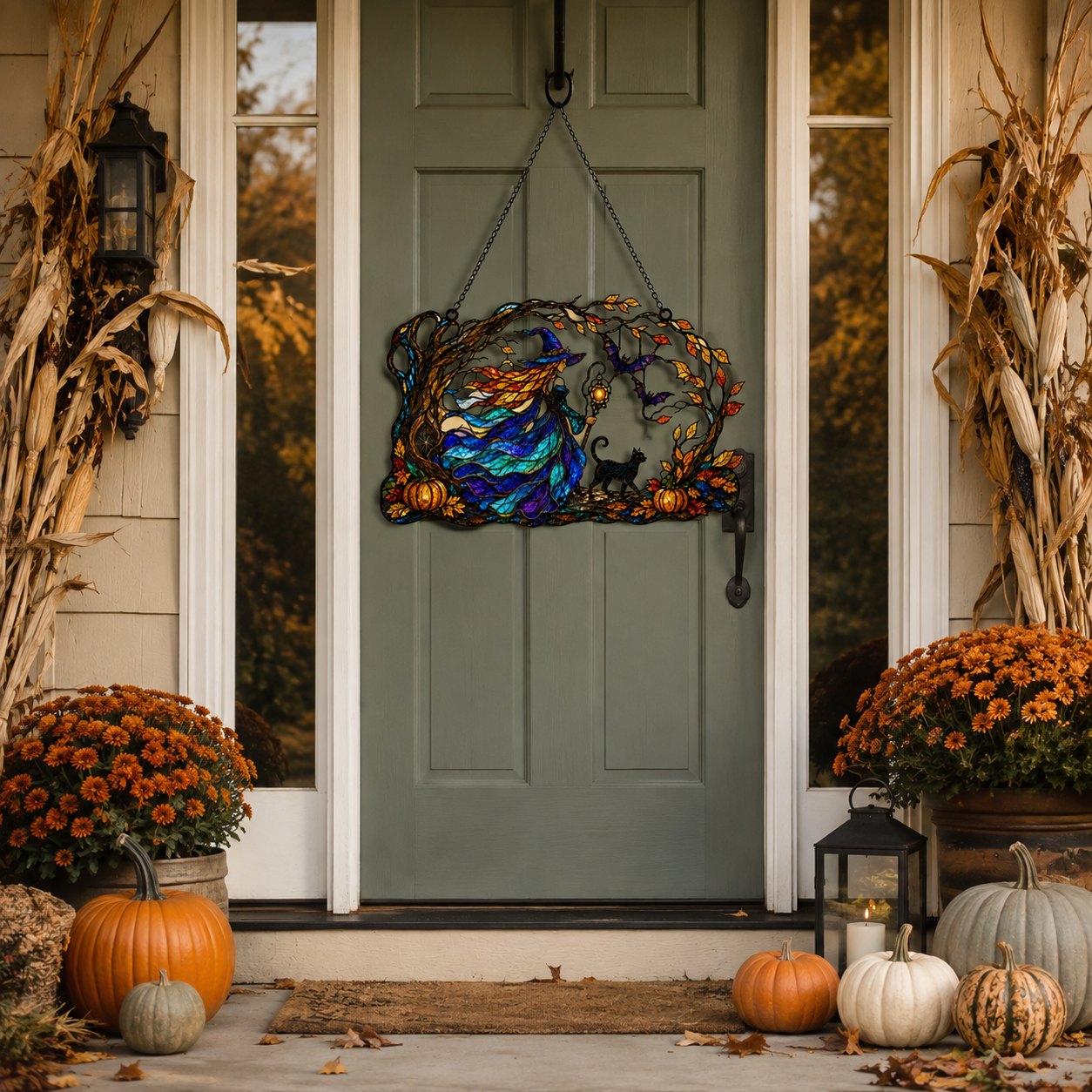 Witch with Flowing Gown & Black Cat Autumn Tree Holographic Acrylic Suncatcher