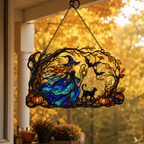 Witch with Flowing Gown & Black Cat Autumn Tree Holographic Acrylic Suncatcher