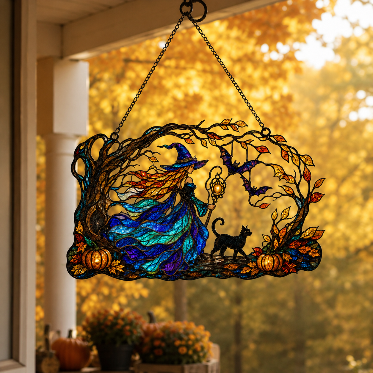 Witch with Flowing Gown & Black Cat Autumn Tree Holographic Acrylic Suncatcher
