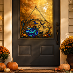 Witch with Flowing Gown & Black Cat Autumn Tree Holographic Acrylic Suncatcher