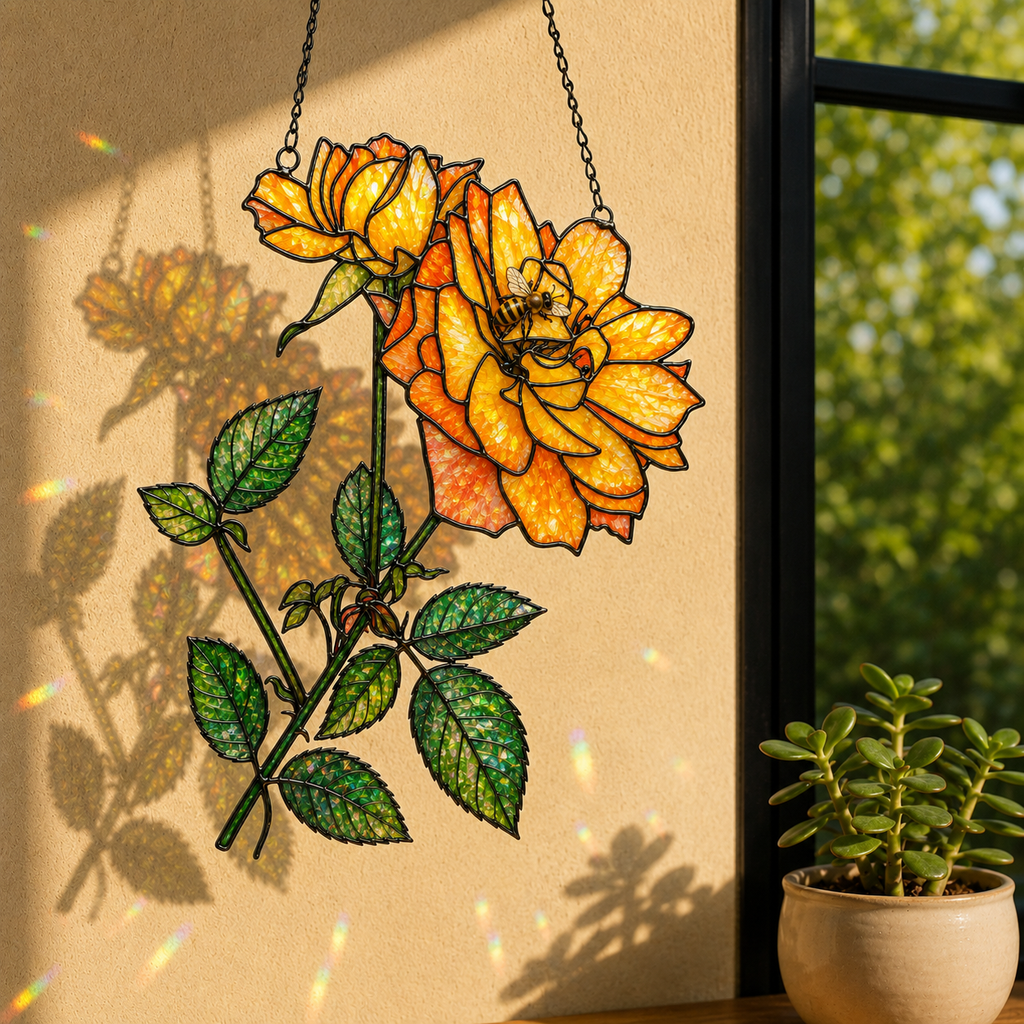 Yellow Rose & Bee Holographic Acrylic Suncatcher