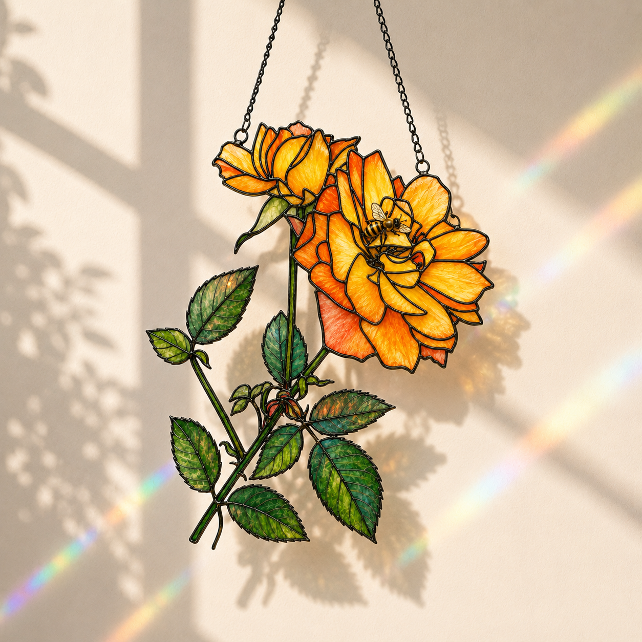 Yellow Rose & Bee Holographic Acrylic Suncatcher