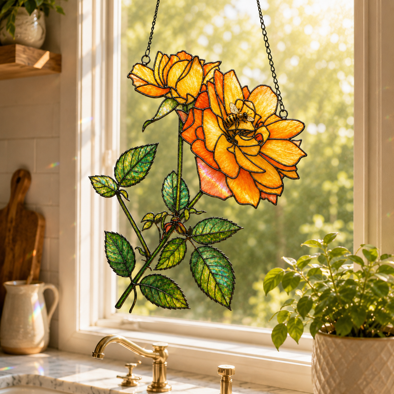 Yellow Rose & Bee Holographic Acrylic Suncatcher