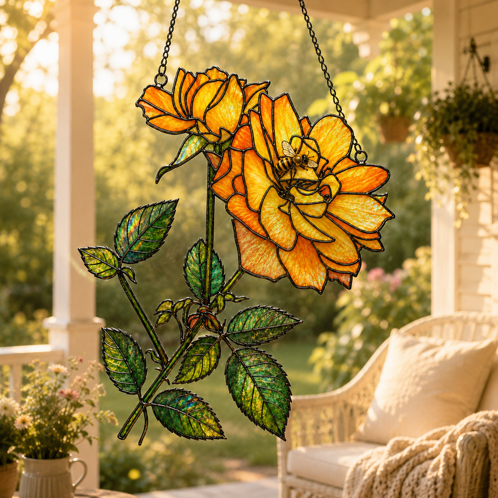 Yellow Rose & Bee Holographic Acrylic Suncatcher