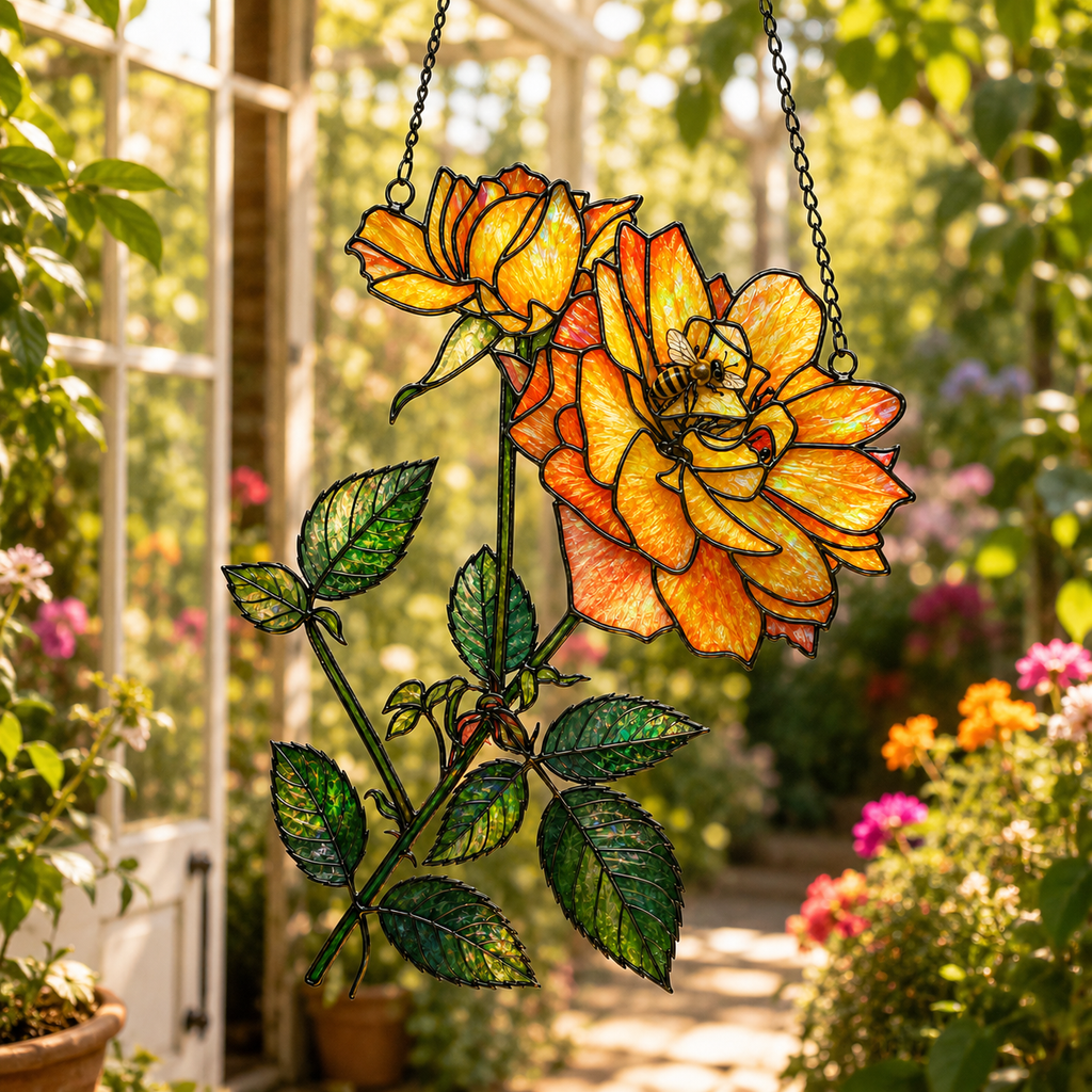 Yellow Rose & Bee Holographic Acrylic Suncatcher