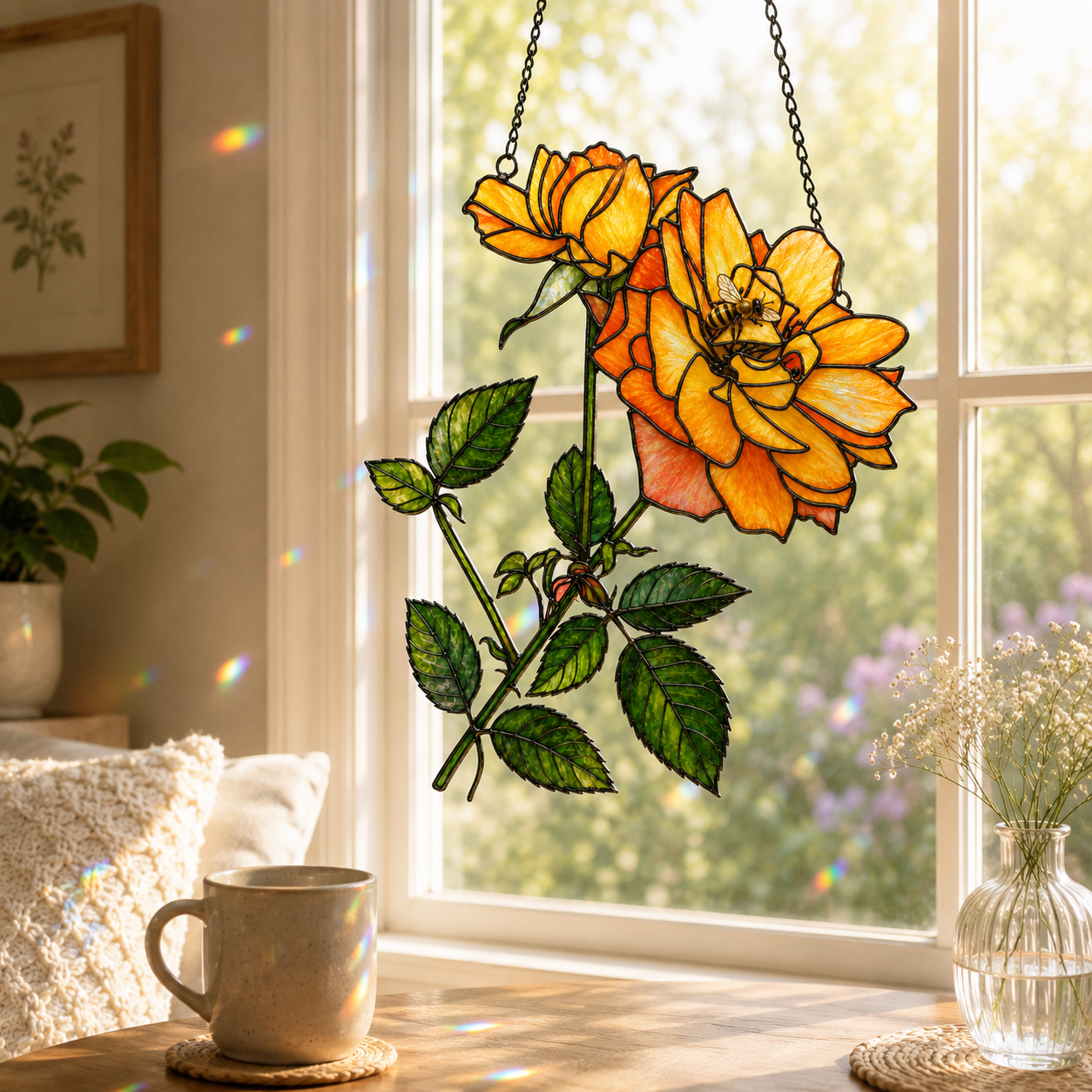Yellow Rose & Bee Holographic Acrylic Suncatcher
