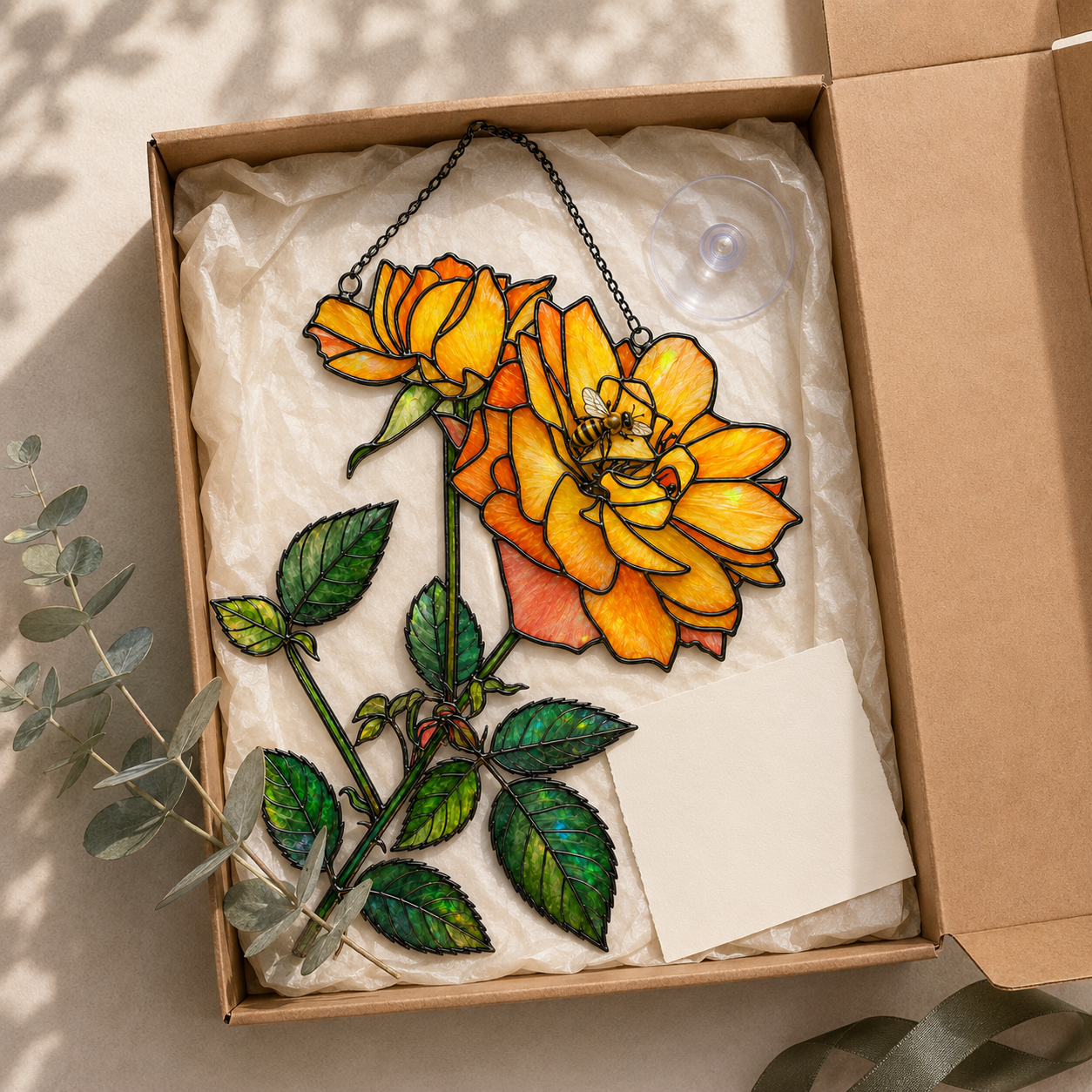 Yellow Rose & Bee Holographic Acrylic Suncatcher