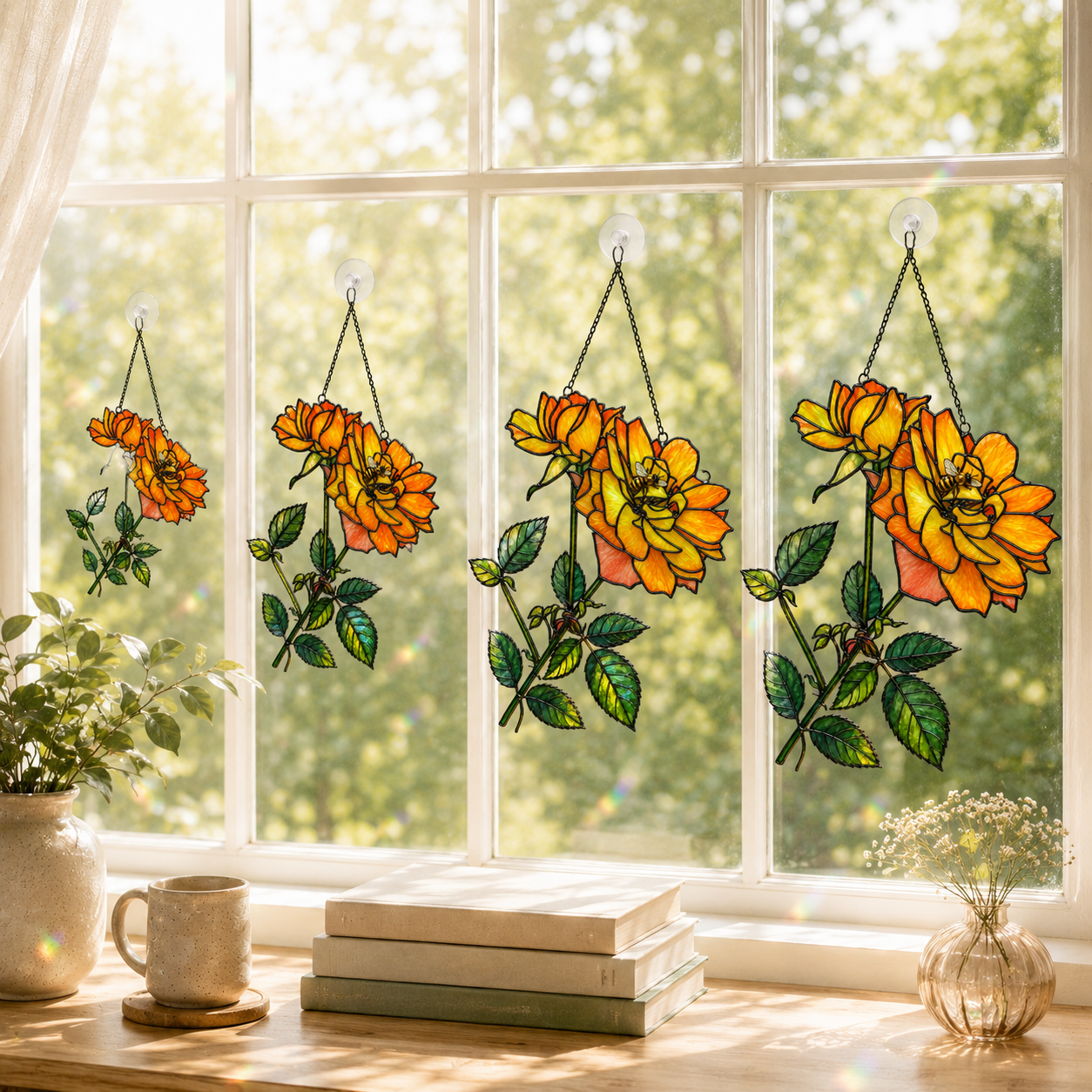 Yellow Rose & Bee Holographic Acrylic Suncatcher
