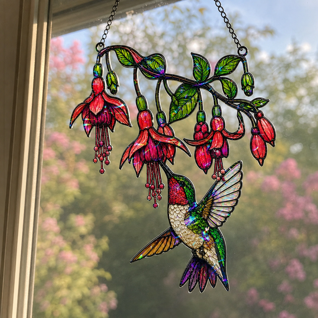 Fuchsia Hummingbird Holographic Acrylic Suncatcher