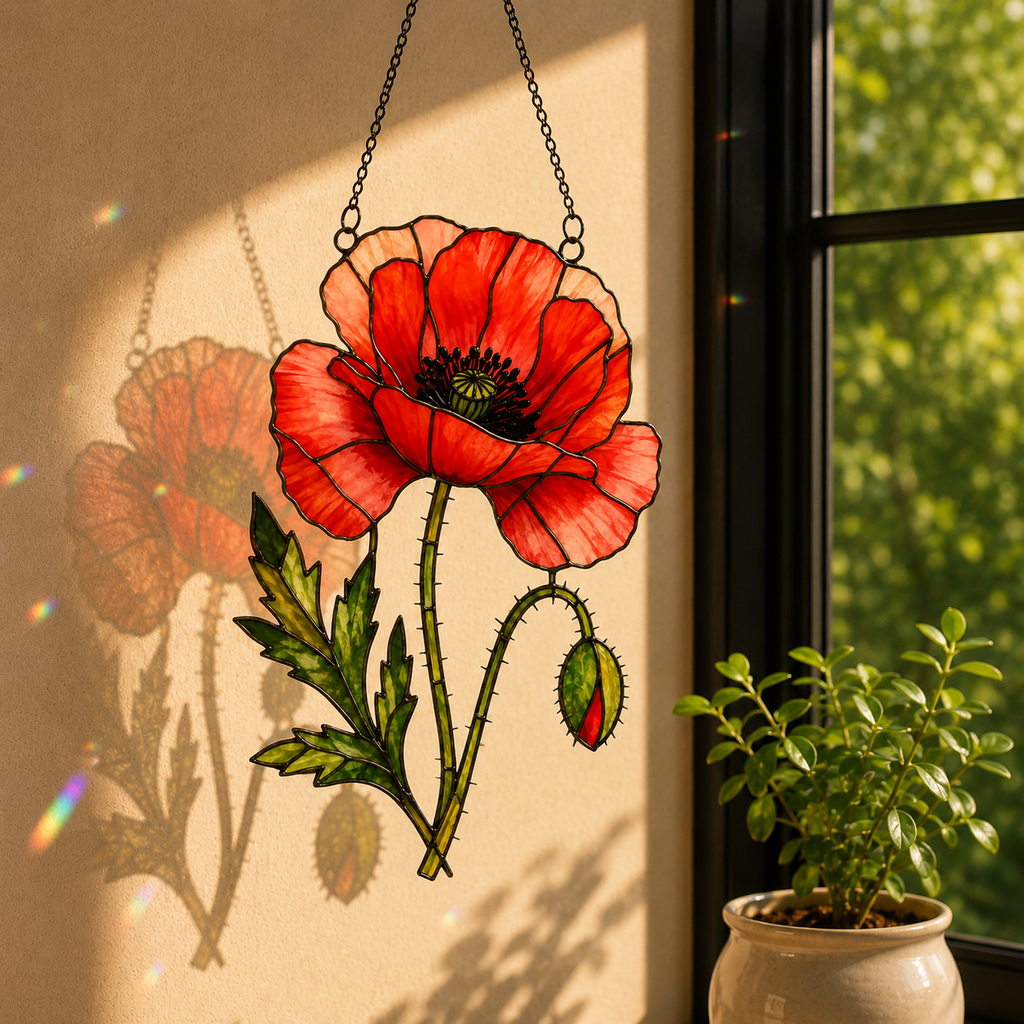 Red Poppy Flower Holographic Acrylic Suncatcher
