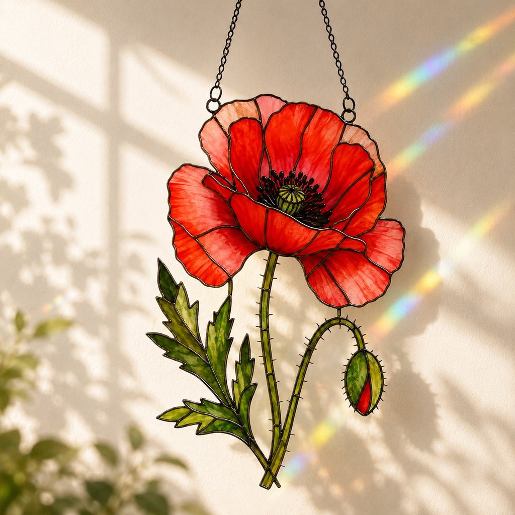 Red Poppy Flower Holographic Acrylic Suncatcher