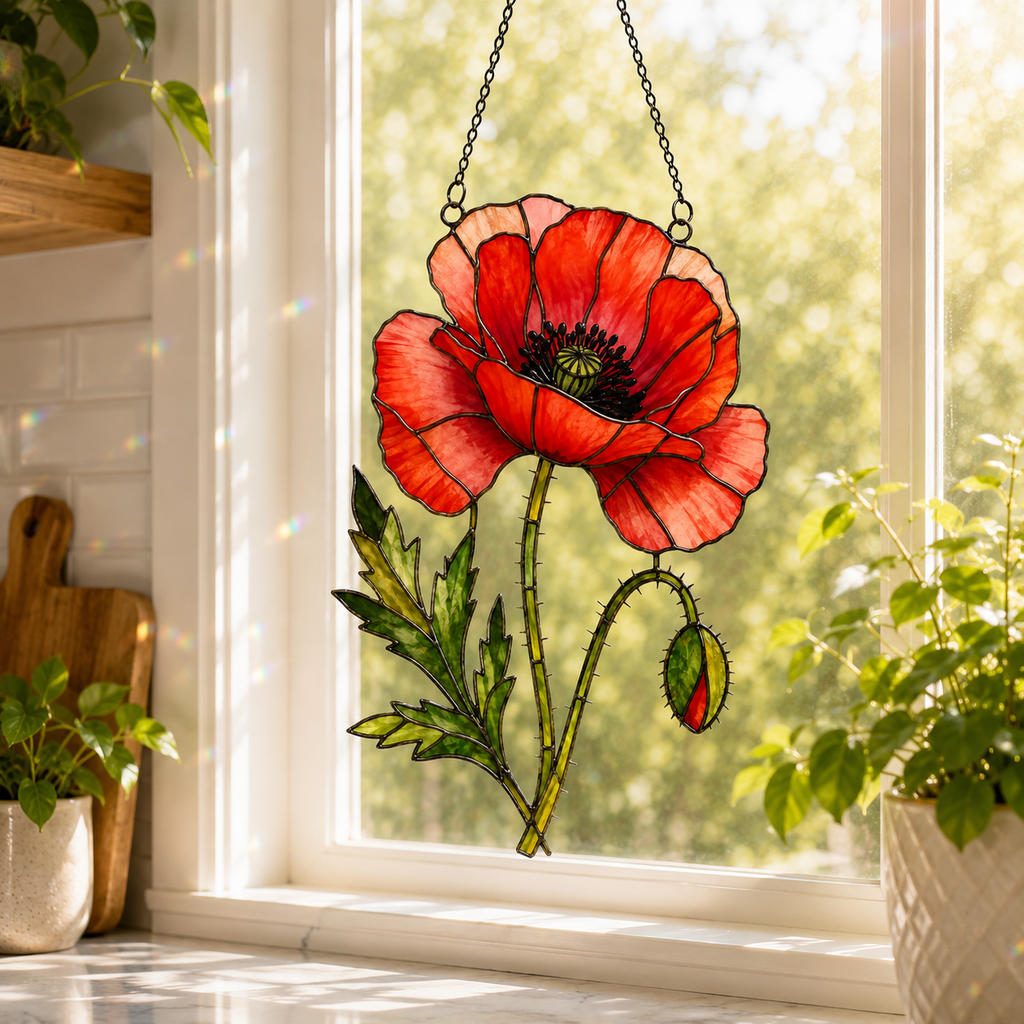 Red Poppy Flower Holographic Acrylic Suncatcher
