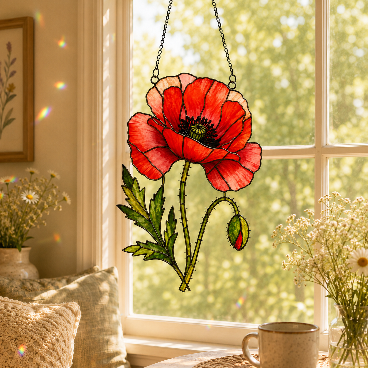 Red Poppy Flower Holographic Acrylic Suncatcher