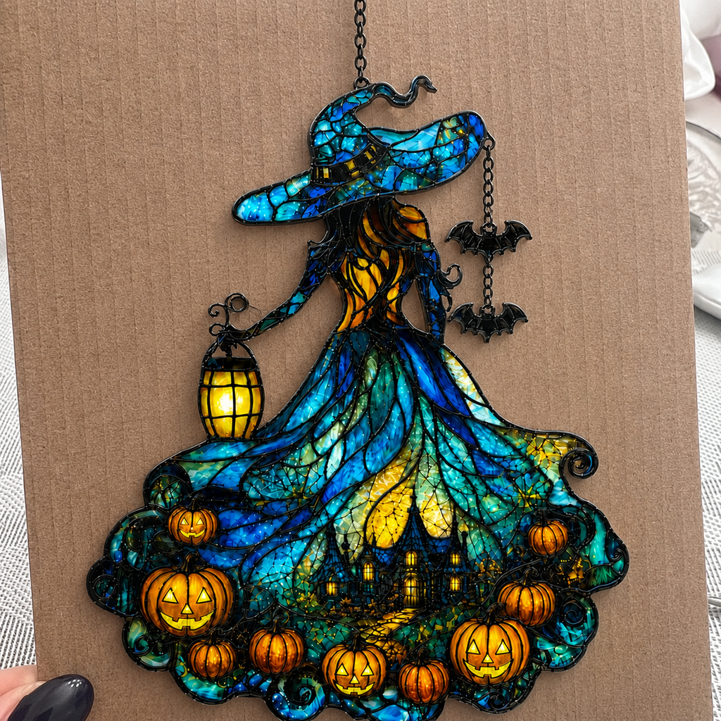 Witch Lady with Lantern, Pumpkins & Bats Holographic Acrylic Suncatcher