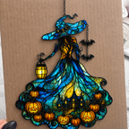 Witch Lady with Lantern, Pumpkins & Bats Holographic Acrylic Suncatcher