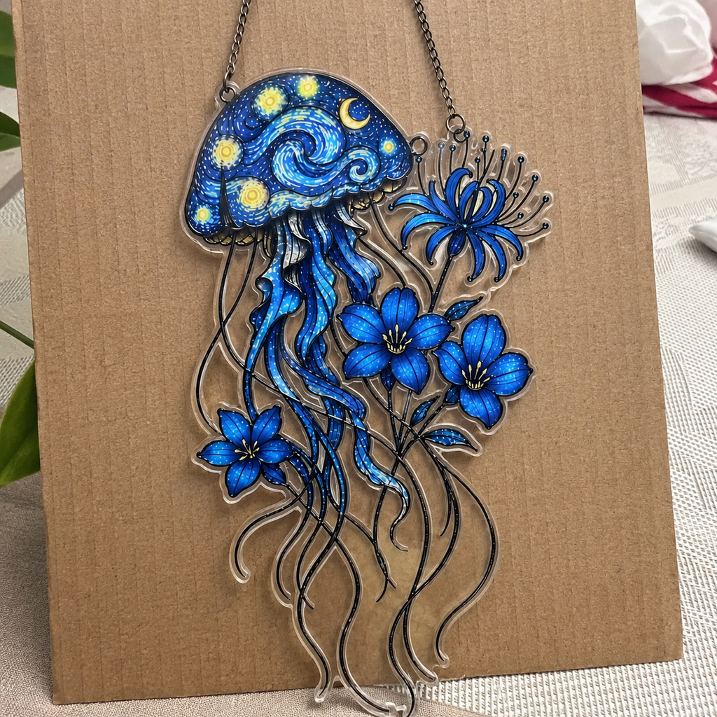 Starry Night Jellyfish with Blue Flowers Holographic Acrylic Suncatcher