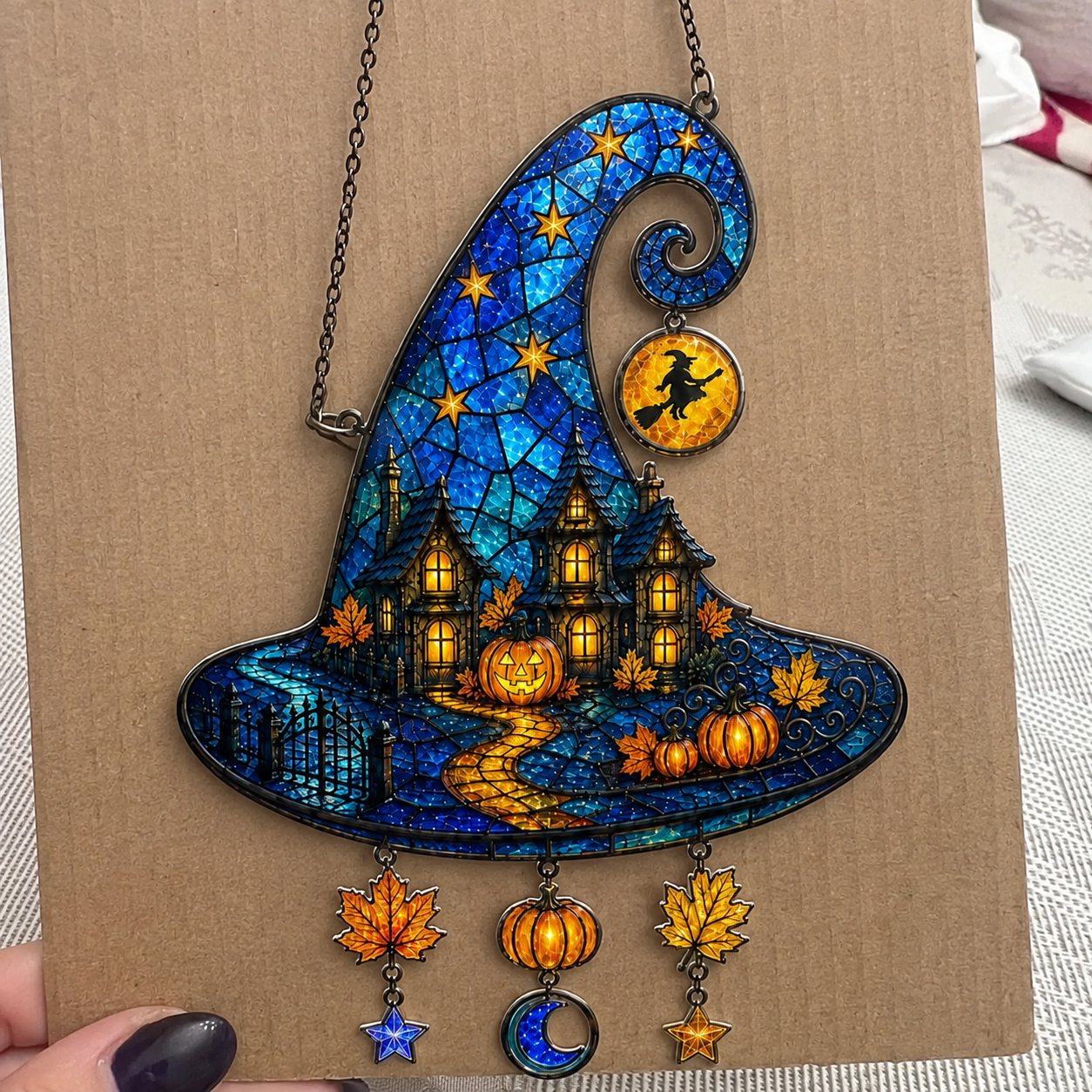 Witch Hat Haunted House & Pumpkin Holographic Acrylic Suncatcher