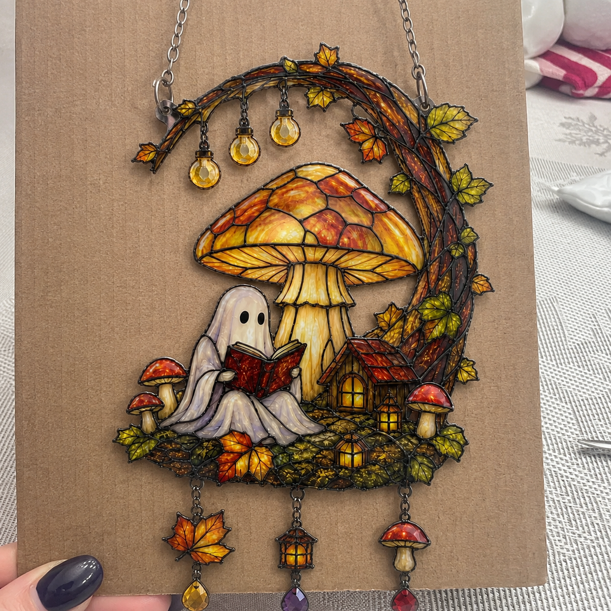 Ghost Reading under Mushroom Moon Cottage Holographic Acrylic Suncatcher