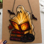 Ghost Reading Books with Black Cat & Bats Holographic Acrylic Suncatcher