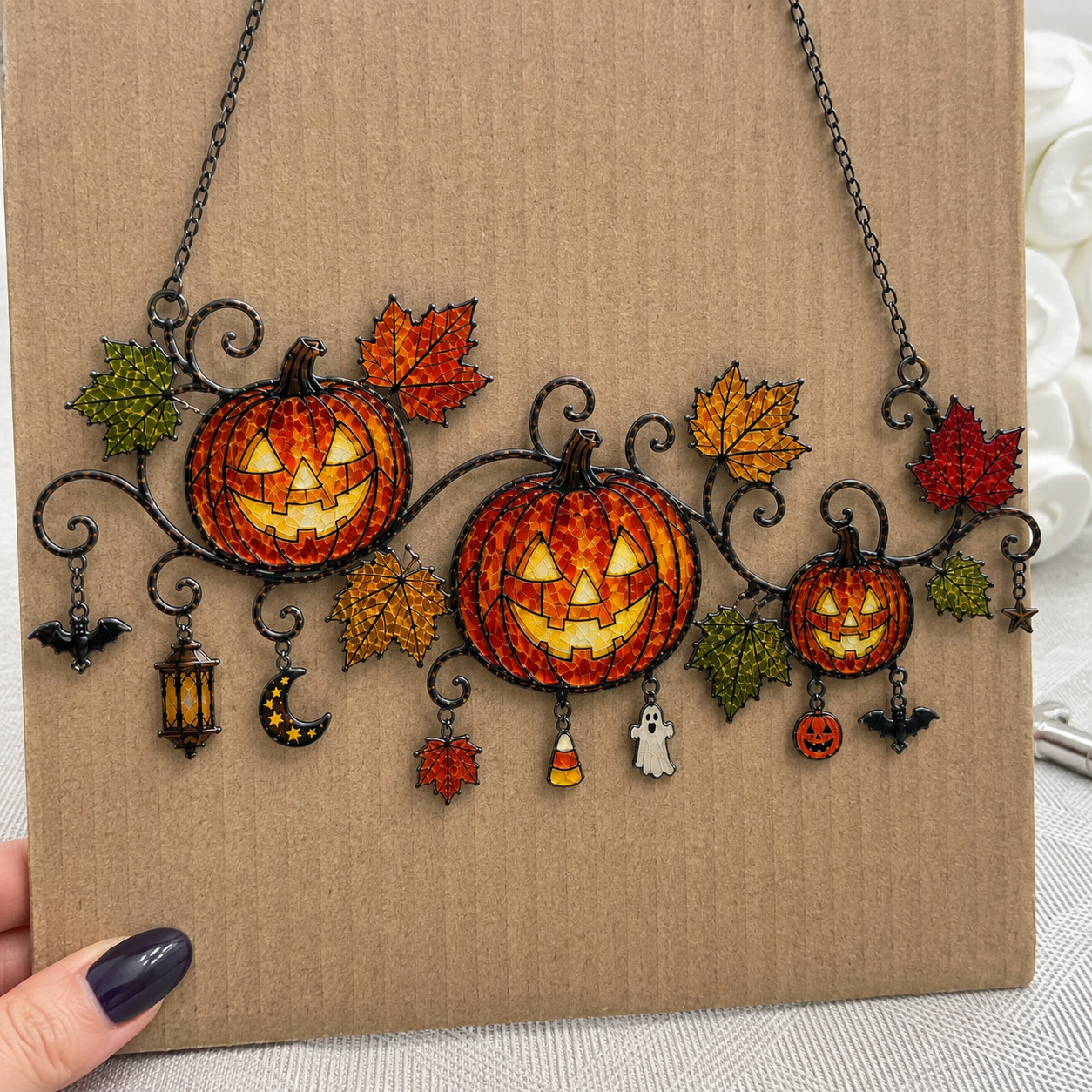 Pumpkins with Autumn Vine & Charms Holographic Acrylic Suncatcher