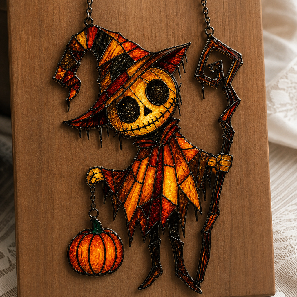 Pumpkin Head Skeleton in Witch Hat Holographic Acrylic Suncatcher