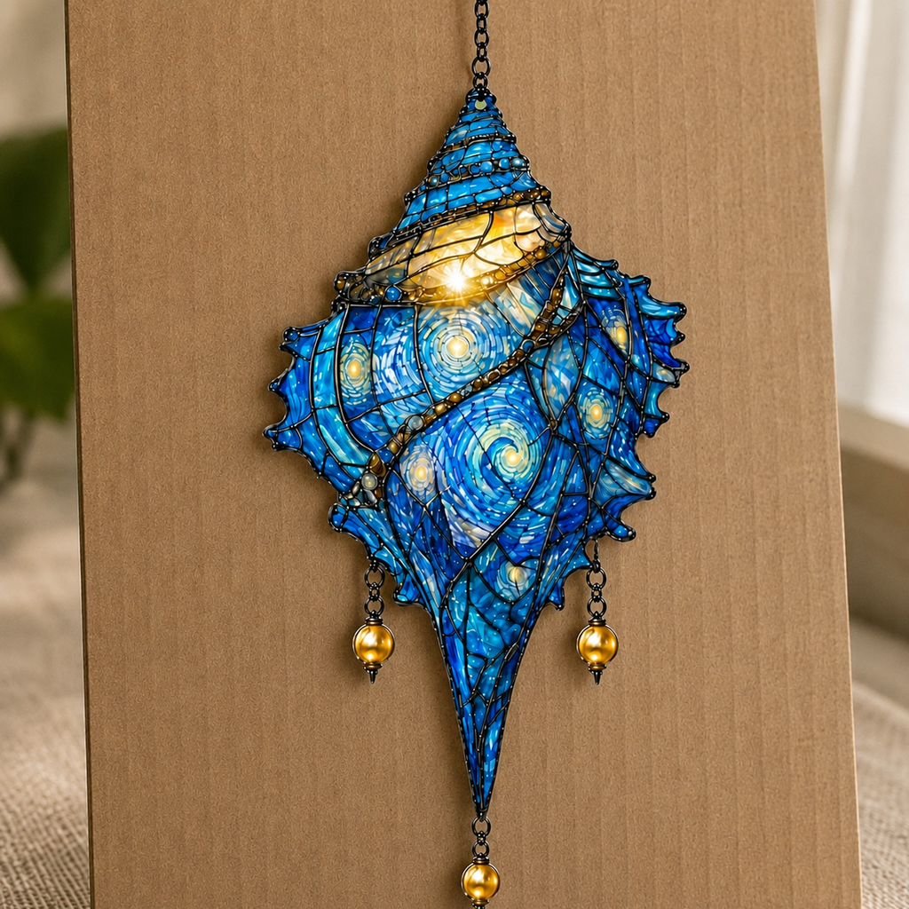 Starry Night Conch Shell with Pearl Drops Holographic Acrylic Suncatcher