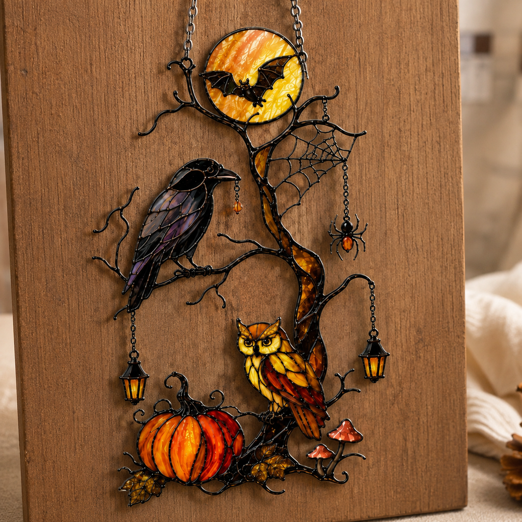 Raven & Owl on Moonlit Tree with Pumpkin Holographic Acrylic Suncatcher
