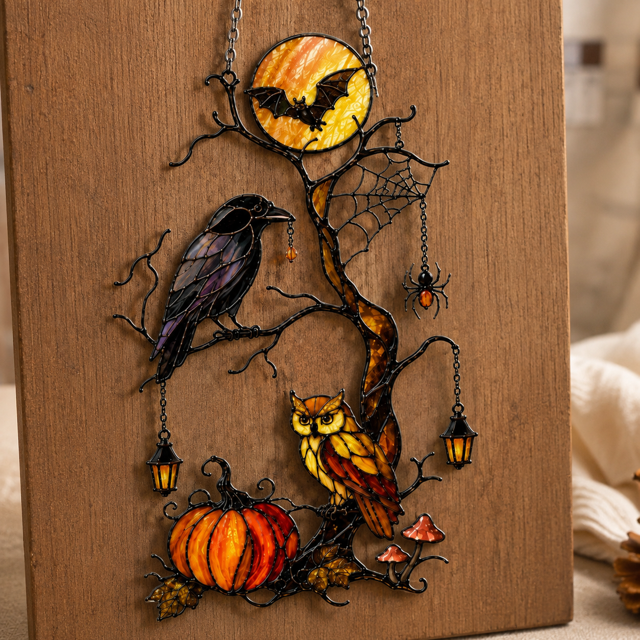 Raven & Owl on Moonlit Tree with Pumpkin Holographic Acrylic Suncatcher