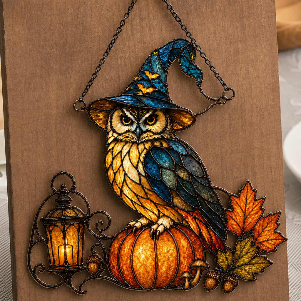 Witch Hat Owl on Pumpkin with Lantern Holographic Acrylic Suncatcher