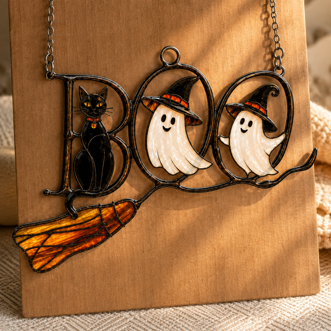BOO Ghosts on Broomstick with Black Cat Holographic Acrylic Suncatcher