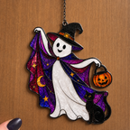 Trick-or-Treat Ghost with Pumpkin Bucket Holographic Acrylic Suncatcher