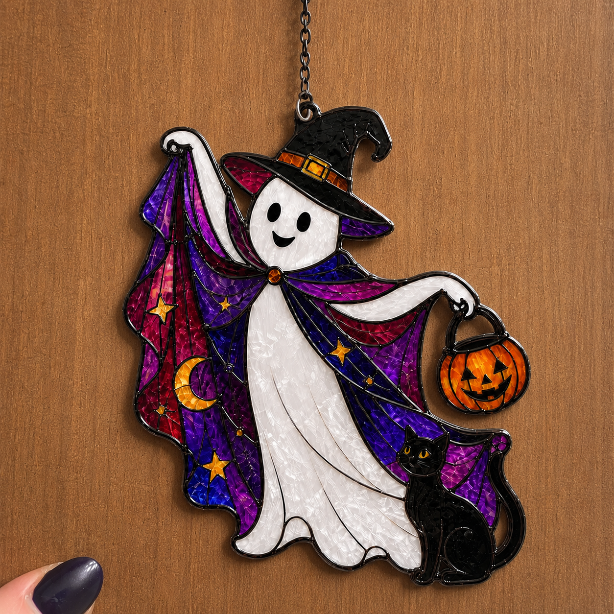 Trick-or-Treat Ghost with Pumpkin Bucket Holographic Acrylic Suncatcher