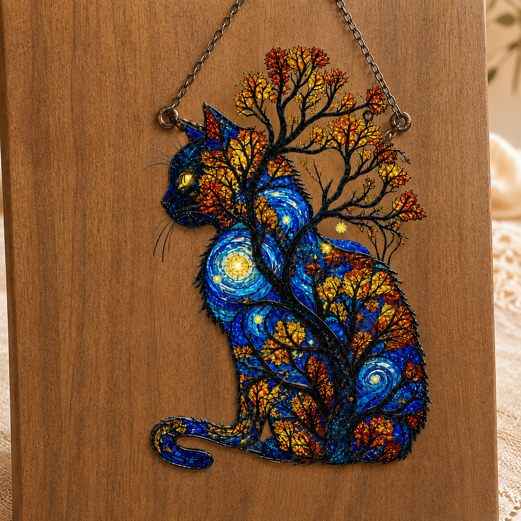 Starry Night Cat with Autumn Tree Holographic Acrylic Suncatcher