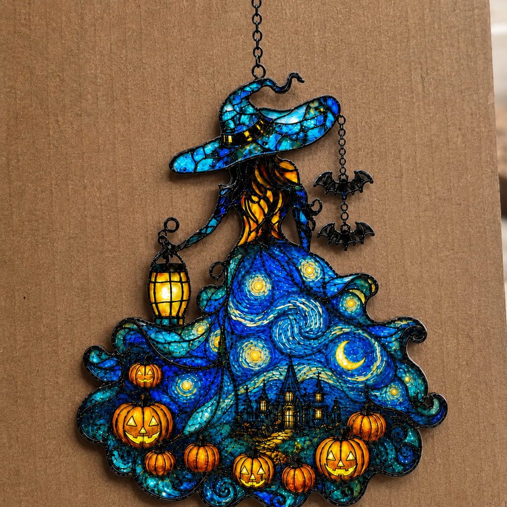 Starry Night Witch with Lantern & Pumpkins Holographic Acrylic Suncatcher