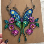 Starry Night Butterfly with Pink Lotus Blooms Holographic Acrylic Suncatcher