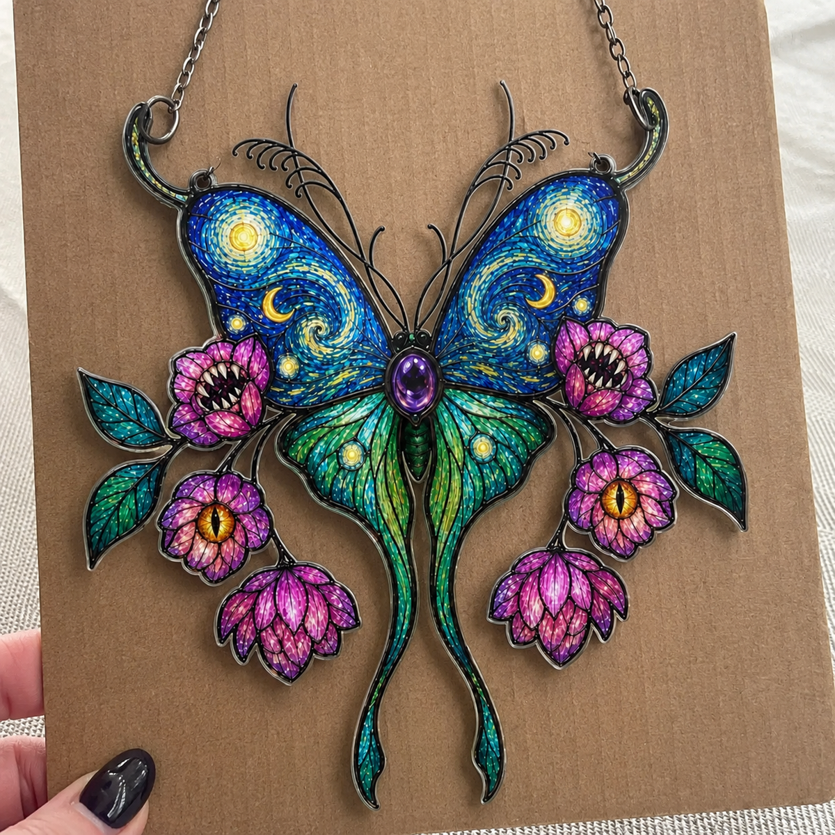 Starry Night Butterfly with Pink Lotus Blooms Holographic Acrylic Suncatcher