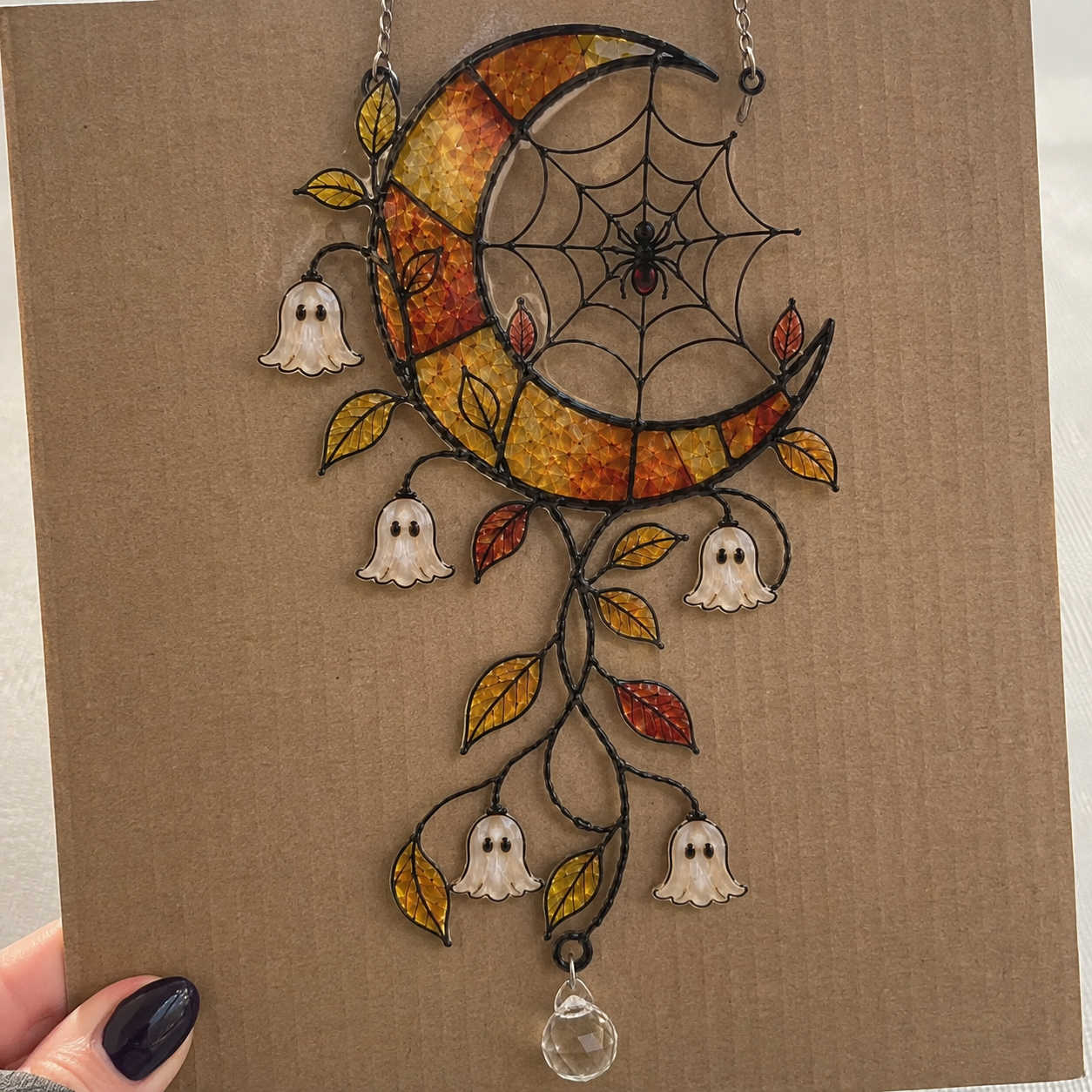 Crescent Moon Ghost Blossom & Spider Web Holographic Acrylic Suncatcher