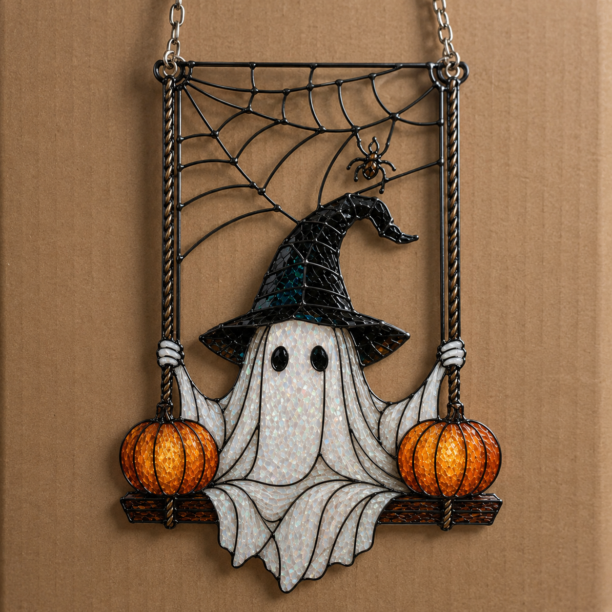 Ghost in Witch Hat on Pumpkin Swing Holographic Acrylic Suncatcher
