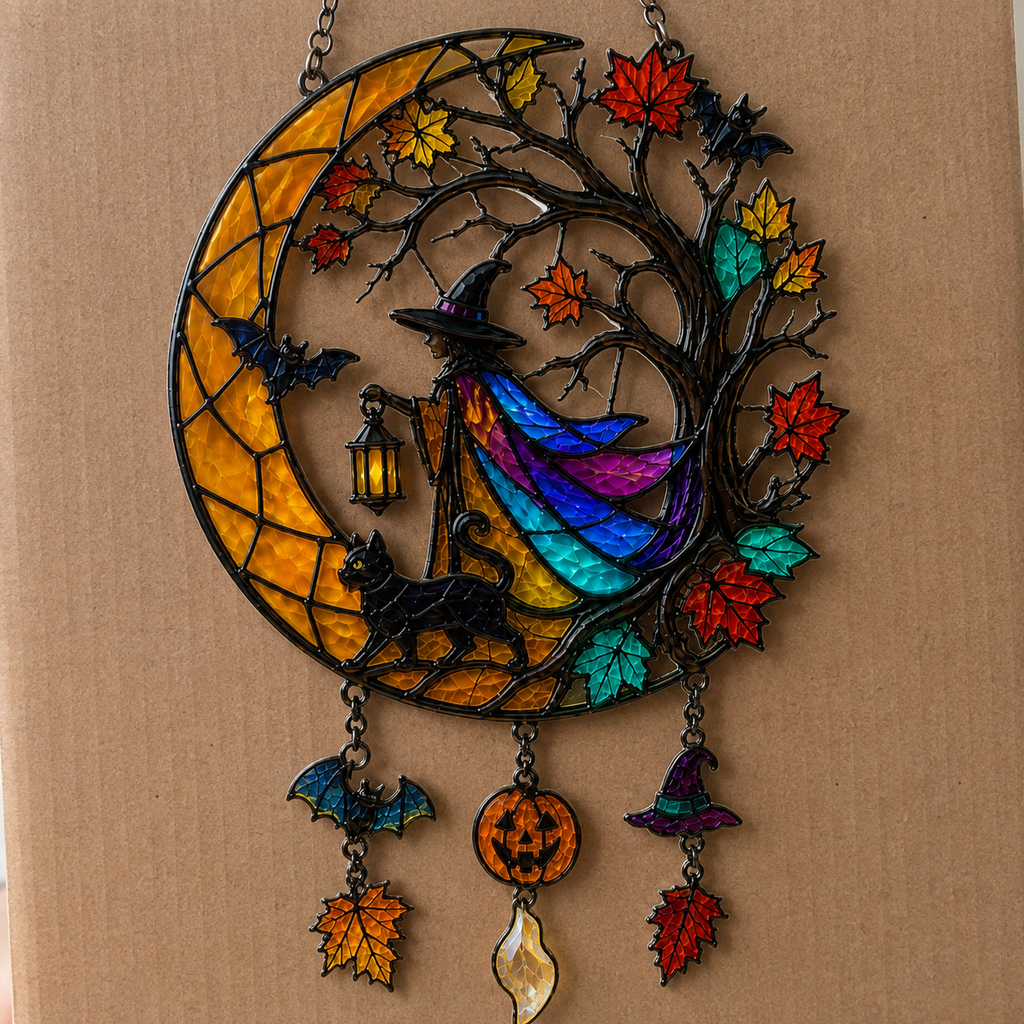 Witch & Black Cat on Crescent Moon Tree Holographic Acrylic Suncatcher