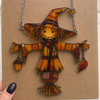Scarecrow in Witch Hat with Acorn & Leaf Holographic Acrylic Suncatcher