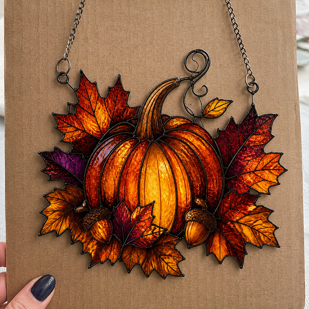 Pumpkin with Maple Leaves & Acorns Holographic Acrylic Suncatcher