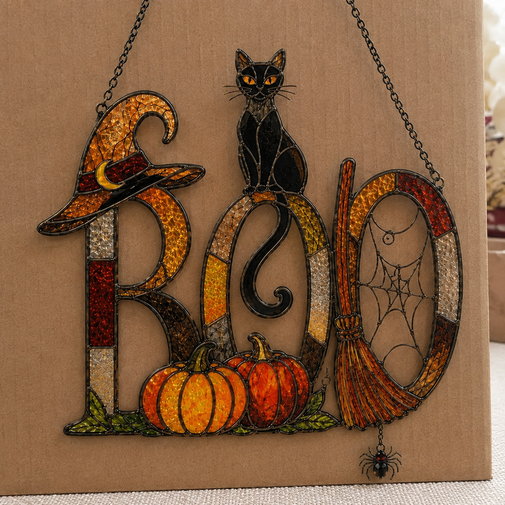 BOO Sign with Black Cat, Broom & Pumpkins Holographic Acrylic Suncatcher