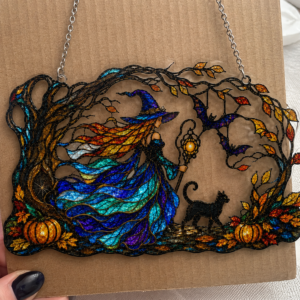 Witch with Flowing Gown & Black Cat Autumn Tree Holographic Acrylic Suncatcher