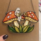 Two Ghosts on Red Mushrooms Holographic Acrylic Suncatcher