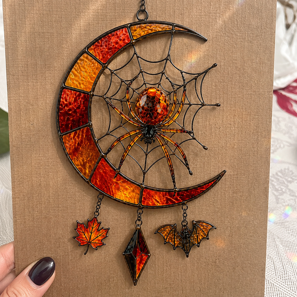 Crescent Moon Spider Web with Bats Holographic Acrylic Suncatcher