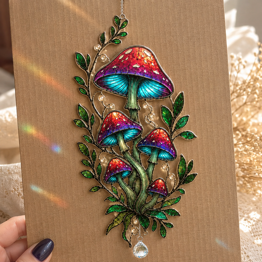Red Mushroom Cluster with Vines Holographic Acrylic Suncatcher